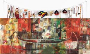 Jaune Quick-to-See Smith, Trade (Gifts for Trading Land with White People), 1992, oil paint and mixed media, collage, objects, canvas, 152.4 x 431.8 cm (Chrysler Museum of Art, Norfolk, Virginia) © Jaune Quick-to-See Smith
