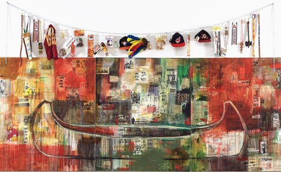 Jaune Quick-to-See Smith, Trade (Gifts for Trading Land with White People), 1992, oil paint and mixed media, collage, objects, canvas, 152.4 x 431.8 cm (Chrysler Museum of Art, Norfolk, Virginia) © Jaune Quick-to-See Smith
