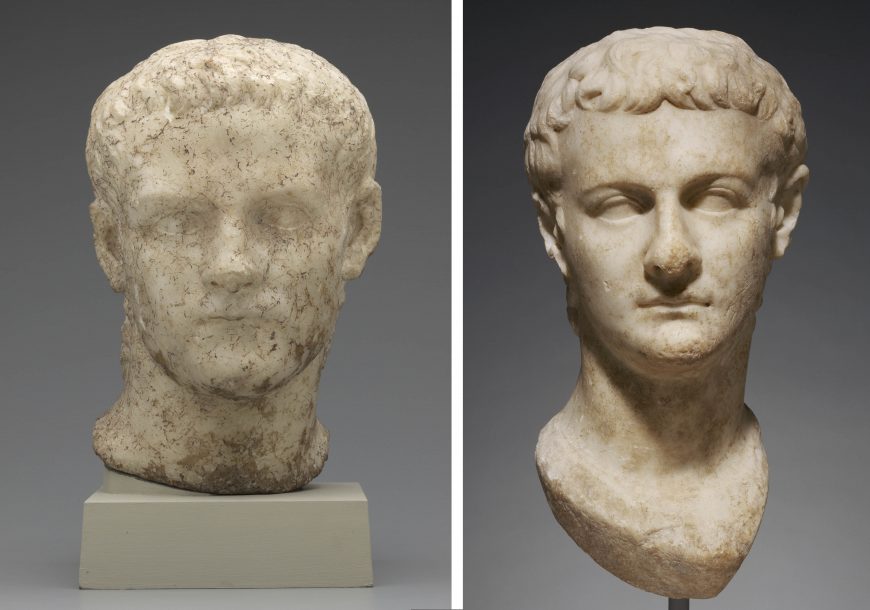 Two portrait heads of Emperor Caligula, created 37-41 C.E., marble, removed from their bodies after his death. Left: 43 x 21.5 x 25 cm (The J. Paul Getty Museum, Los Angeles); right: 33 x 21 x 23.5 cm (Yale University Art Gallery)