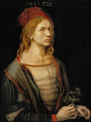 Albrecht Dürer, Self-Portrait or Portrait of the Artist Holding a Thistle, oil on parchment pasted on canvas, 56 x 44 cm (Louvre)