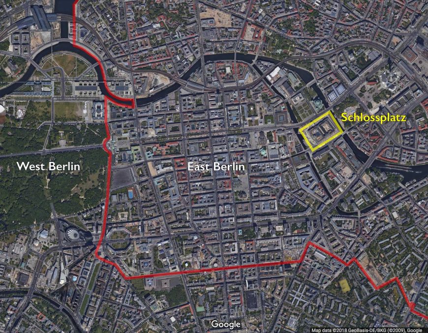 Map of the the historic center of Berlin, showing the path of the Berlin Wall in red, and the location of the Schlossplatz in yellow. (Map © 2018 Google; annotations by Dr. Naraelle Hohensee)