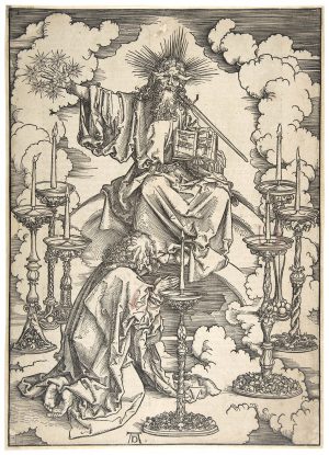 Albrecht Dürer, The Seven Golden Candlesticks and the Seven Stars from The Apocalypse, 1511, originally published 1498, woodcut, 39.53 x 28.26 cm (Mia)
