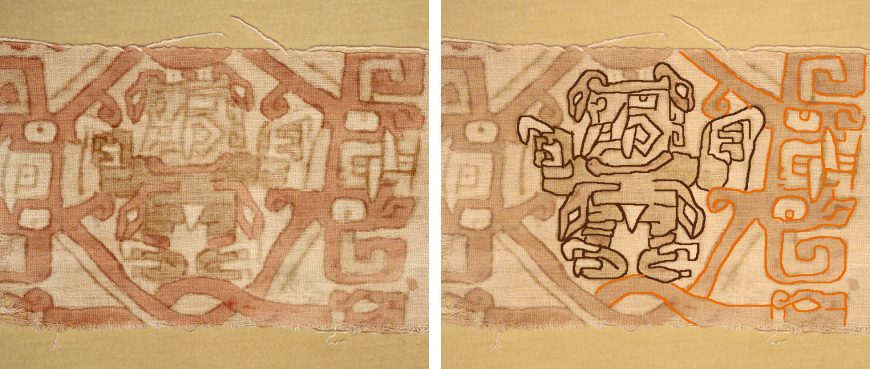 Textile fragment, 4th–3rd century B.C.E., Chavín culture, Peru, cotton, refined iron earth pigments, 14.6 x 31.1 cm (The Metropolitan Museum of Art). Drawing by Dr. Sarahh Scher, CC BY-NC 4.0.