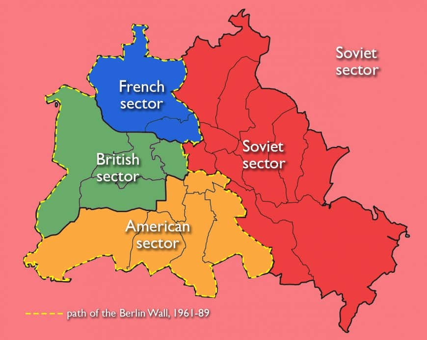 Map of the four post-WWII sectors of Berlin and the future path of the Berlin Wall (map adapted by Dr. Naraelle Hohensee from  Paasikivi, CC BY-SA 4.0)