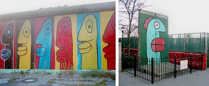 Thierry Noir, left: Berlin Wall, 1985 (photo: Thierry Noir, CC BY-SA 3.0); right: section of the Berlin Wall displayed in New York City (photo: Ronny-Bonny, CC BY 3.0) 