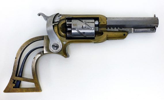 Elisha King Root for Samuel Colt, Experimental Pocket Pistol, Serial number 5, caliber .265 inches, barrel length 3 inches, overall length 7 inches, brass, steel, and iron, 1849-50 (Wadsworth Atheneum Museum of Art, Hartford, Bequest of Elizabeth Hart Jarvis Colt)
