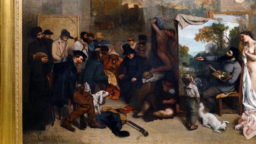 Group at left (detail), Gustave Courbet, The Painter's Studio: A Real Allegory Summing Up Seven Years of My Life as an Artist, 1854–55, oil on canvas, 361 x 598 cm (Musée d'Orsay, Paris)