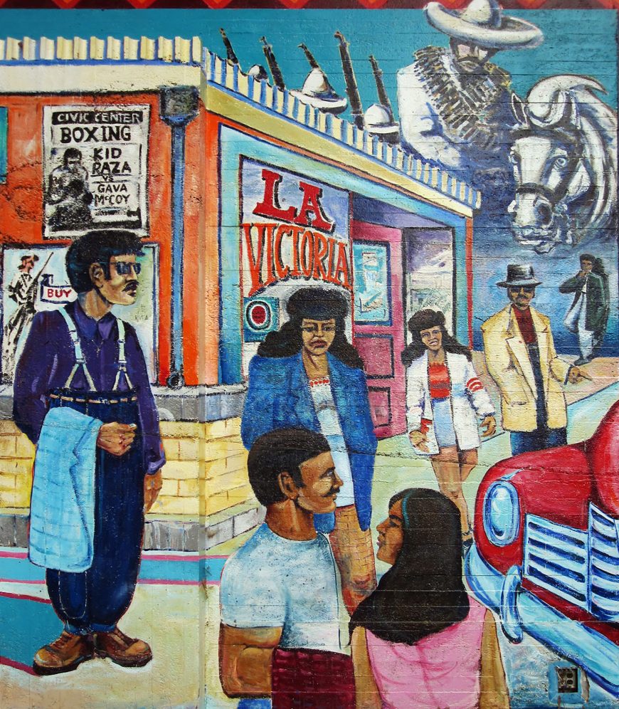 Pachuco/a couples, José Montoya and the Royal Chicano Air Force, Southside Park Mural, 1977 (restored 2001), 14 x 110 feet (Southside Park, Sacramento)