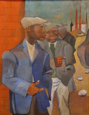 Romare Bearden, Factory Workers, 1942, gouache and casein on brown Kraft paper mounted on board, 94.93 × 73.03 cm (Minneapolis Institute of Art)