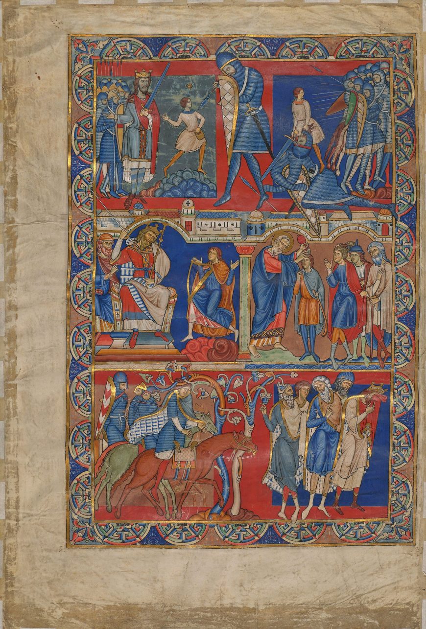 The Morgan Leaf, The Winchester Bible, frontispiece for 1 Samuel with scenes from the Life of David, c. 1150–80 (Winchester, England), tempera and gold on parchment, 58.3 x 39.6 cm (Morgan Library & Museum)