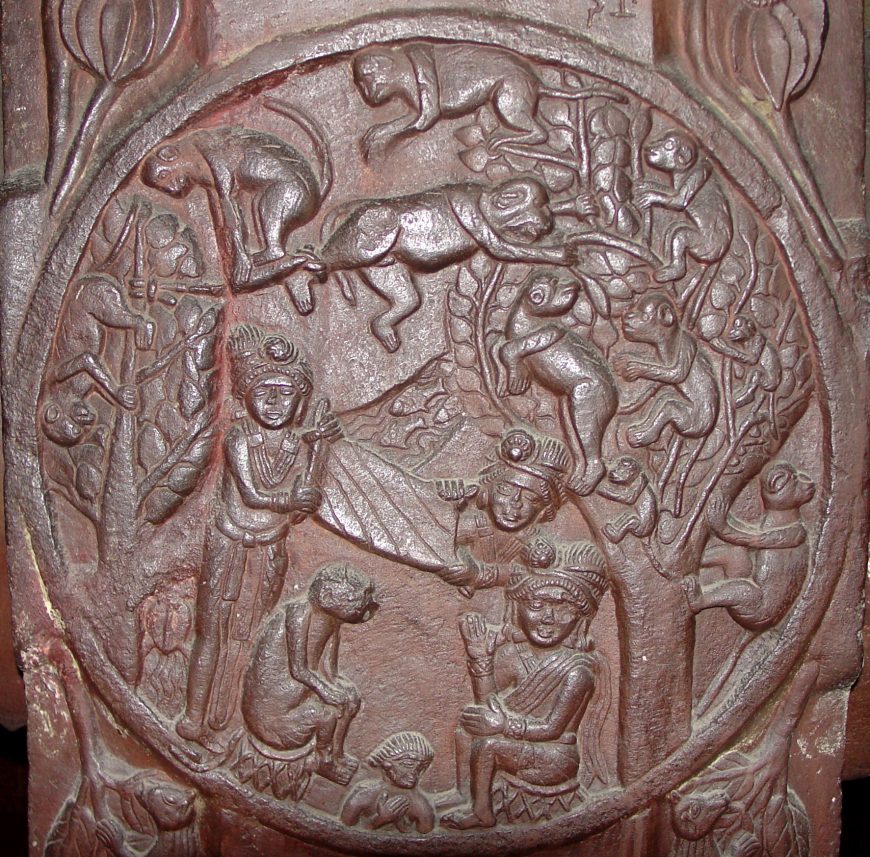 Mahakapi Jataka, roundel relief, Bharhut stupa (Madhya Pradesh, India), currently at Indian Museum, Kolkata (West Bengal, India), dated ca. 2nd century BCE – 1st century BCE