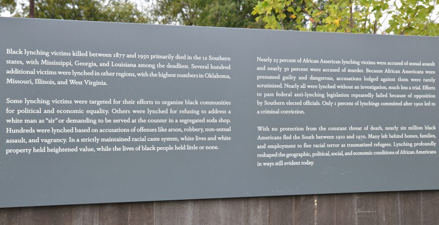 Informational plaques in the National Memorial for Peace and Justice, 2018, Montgomery, Alabama (photo: Judson McCranie, CC BY-SA 3.0)