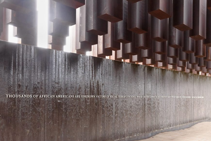 Wall with flowing water, National Memorial for Peace and Justice, 2018, Montgomery, Alabama (photo: Judson McCranie, CC BY-SA 3.0)