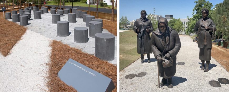 Left: Ida B. Wells Memorial Grove; right: Dana King, Guided by Justice, 2018. National Memorial for Peace and Justice, 2018, Montgomery, Alabama (photos: Renée Ater)