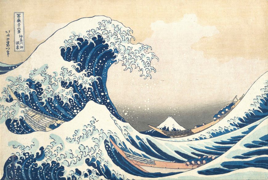 Katsushika Hokusai, Under the Wave off Kanagawa (Kanagawa oki nami ura), also known as The Great Wave, from the series Thirty-six Views of Mount Fuji (Fugaku sanjūrokkei),ca. 1830–32, polychrome woodblock print, and ink and color on paper, 25.7 x 37.9 cm (The Metropolitan Museum of Art)