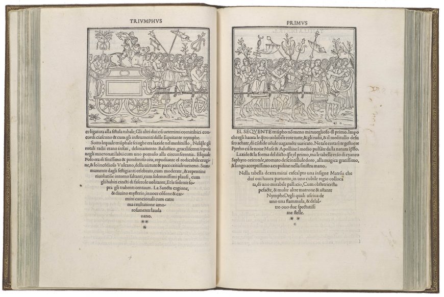 Francesco Colonna (author) and Benedetto Bordone (woodcut designer), Hypnerotomachia Poliphili, published by Aldo Manuzio, 1499, book with woodcut illustrations, 29.5 × 22 × 4 cm (The Metropolitan Museum of Art)