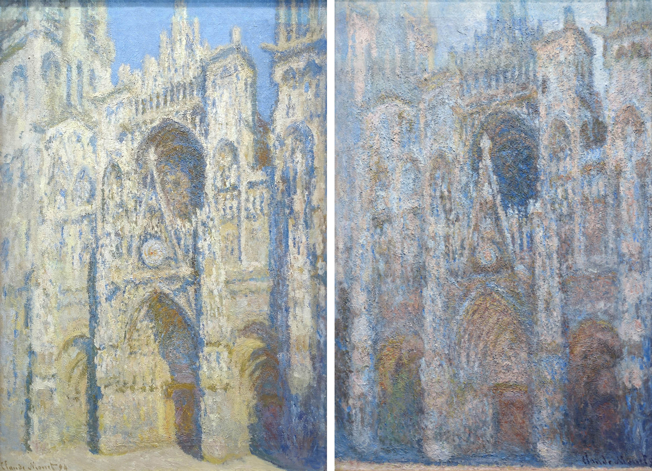 Left: Claude Monet, Rouen Cathedral (The Portal and the Tour d'Albane in full Sunlight) also called Harmony in Blue and Gold, painted 1893, dated 1894, oil on canvas, 107 x 73 cm (Musée d'Orsay); Right: Rouen Cathedral, Portal, Morning sun, 1893, oil on canvas, 92.2 x 63.0 (Musée d'Orsay)