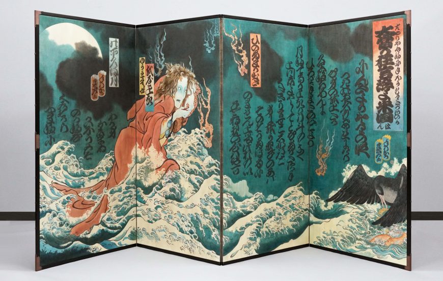 Masami Teraoka, American Kabuki (Oishiiwa), 1986, watercolor and sumi ink on paper mounted on a four-panel screen, 196.9 x 393.7 x 3 cm (de Young Museum, Fine Arts Museums of San Francisco), © Masami Teraoka 