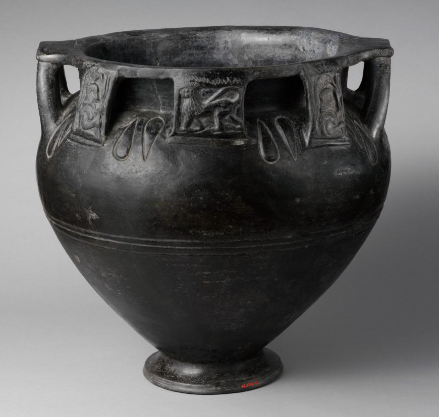 Terracotta column-krater (bowl for mixing wine and water), c. 560-500 BCE, Etruscan, terracotta, bucchero pesante, 16 1/8 in high, 13 9/16 in diameter (The Metropolitan Museum of Art)