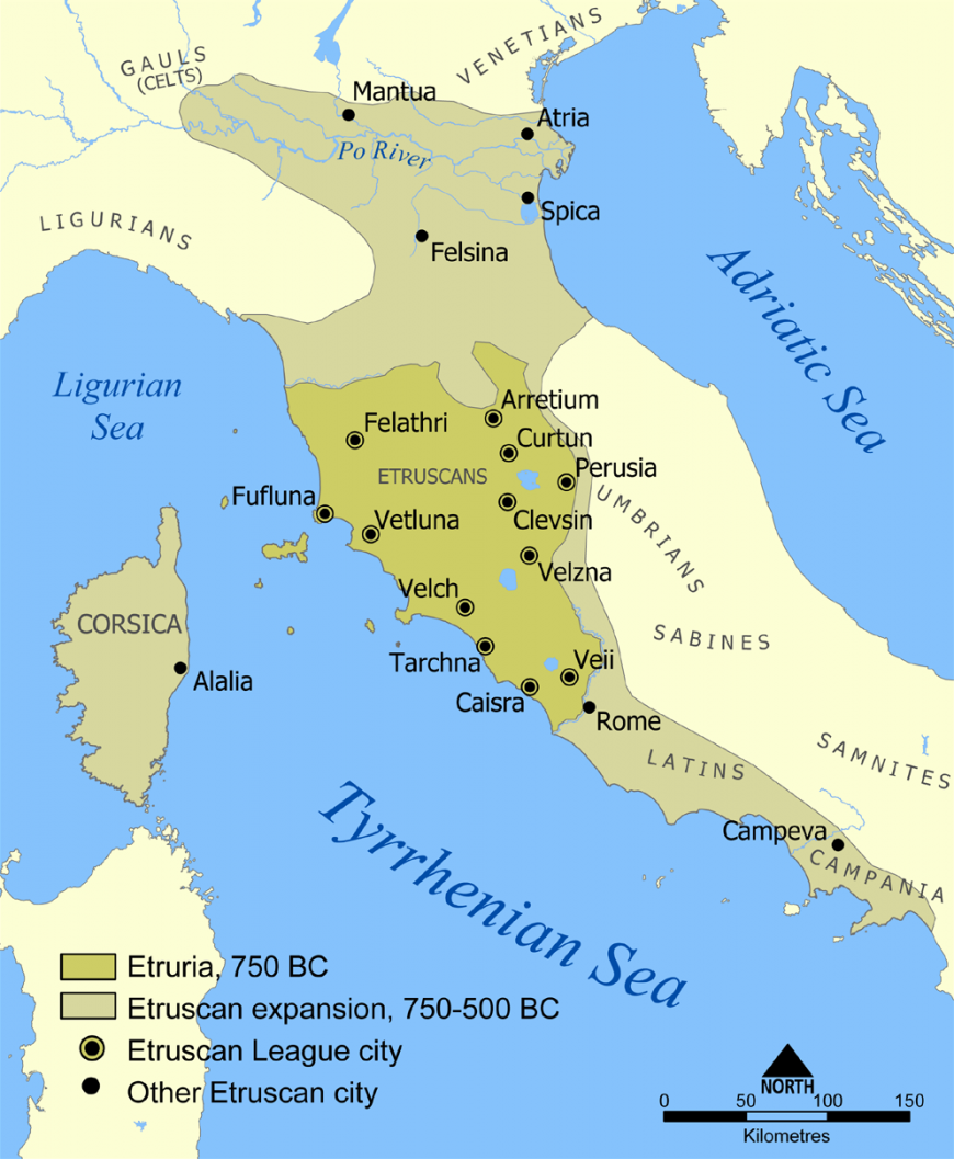 Etruscan civilization, 750-500 B.C.E., NormanEinstein – based on a map from The National Geographic Magazine Vol.173 No.6 (June 1988) (CC BY-SA 3.0)