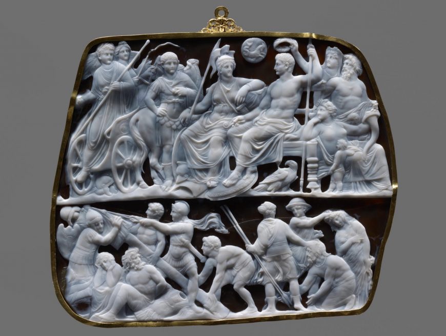 Dioskourides, Gemma Augustea, 9 – 12 C.E., 19 x 23 cm, double-layered sardonyx with gold, gold-plated silver (Kunsthistorisches Museum Vienna) 