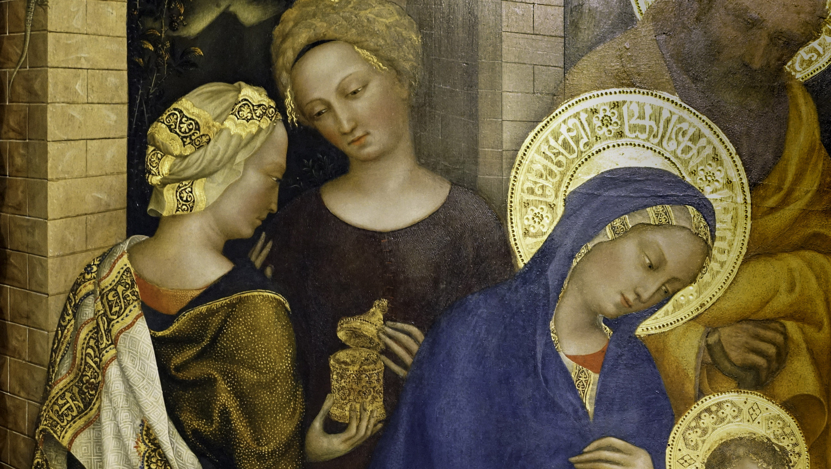 Gentile da Fabriano, Adoration of the Magi (detail with the Virgin Mary in blue, Joseph in yellow behind her, Jesus on her lap being kissed by the king Melchior, with kings Casper stooping, and Balthazar standing), 1423, tempera on panel, 283 x 300 cm (Uffizi Gallery, Florence), photo: Steven Zucker, CC BY-NC-SA 4.0