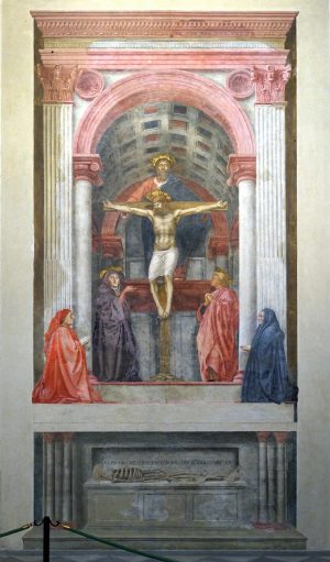 Masaccio, Holy Trinity with the Virgin and Saint John, c. 1427, Fresco, 667 x 317 cm, Santa Maria Novella, Florence