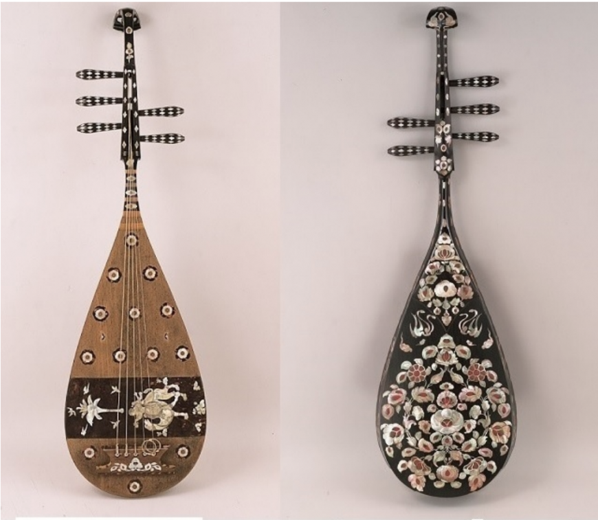 Five-string Biwa Lute of Sitan with mother-of-pearl inlay, Tang Dynasty, 8th century, Shosoin, Nara (front and back)