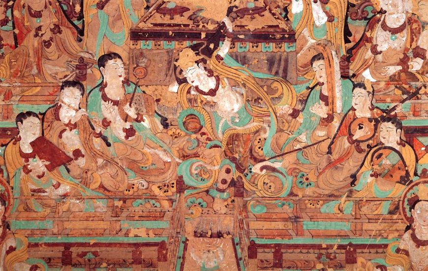 Musicians (pipa at the bottom right and held by the central dancing character behind the shoulders) from the Western Paradise of Amitaba, Dunhuang Cave 112. Middle Tang Period (8th cent.)