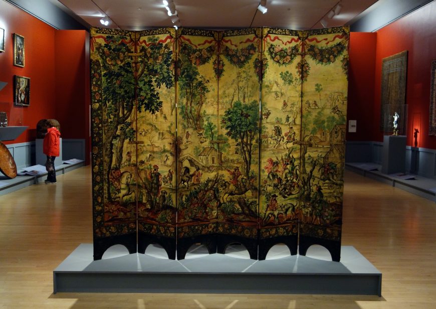 Pantalla Plegable con el Asedio de Belgrado (frente) y Escena de Caza (reverso), c. 1697-1701, México, óleo sobre madera, con incrustaciones de nácar, 229.9 x 275.8 cm (Brooklyn Museum)