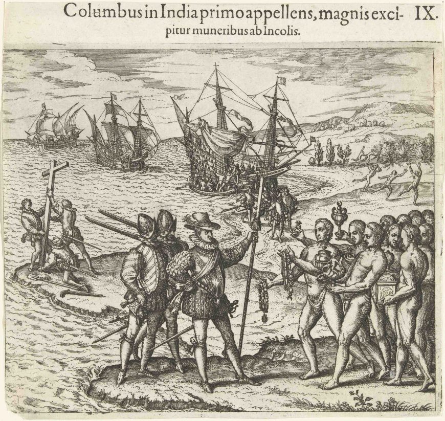 Theodor de Bry, Christopher Columbus arrives in America, 1594, etching and text in letterpress, 18.6 c 19.6 cm (Rijksmuseum)