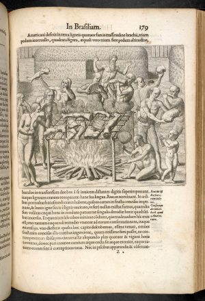 Theodor de Bry, engraving depicting cannibalism in Brazil for  volume 3 of Collected travels in the east Indies and west Indies which reprinted Hans Staden’s account of his experiences in Brazil (British Library), 1594