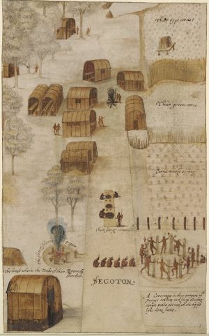 John White, The town of Secoton; bird's-eye view of town with houses, lake at the top, fire, fields and ceremony, 1585-1593, watercolour over graphite, heightened with white (British Museum)