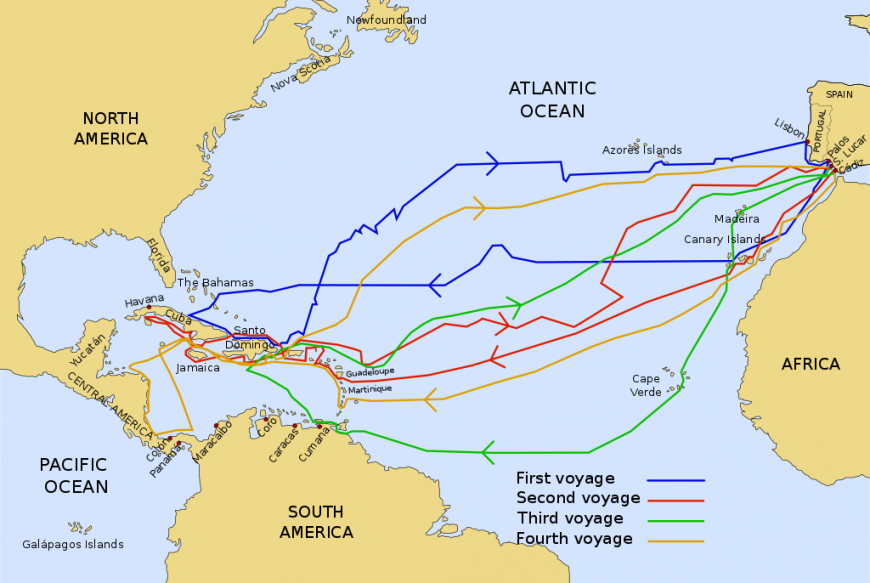 Map of Christopher Columbus's voyages to the Americas