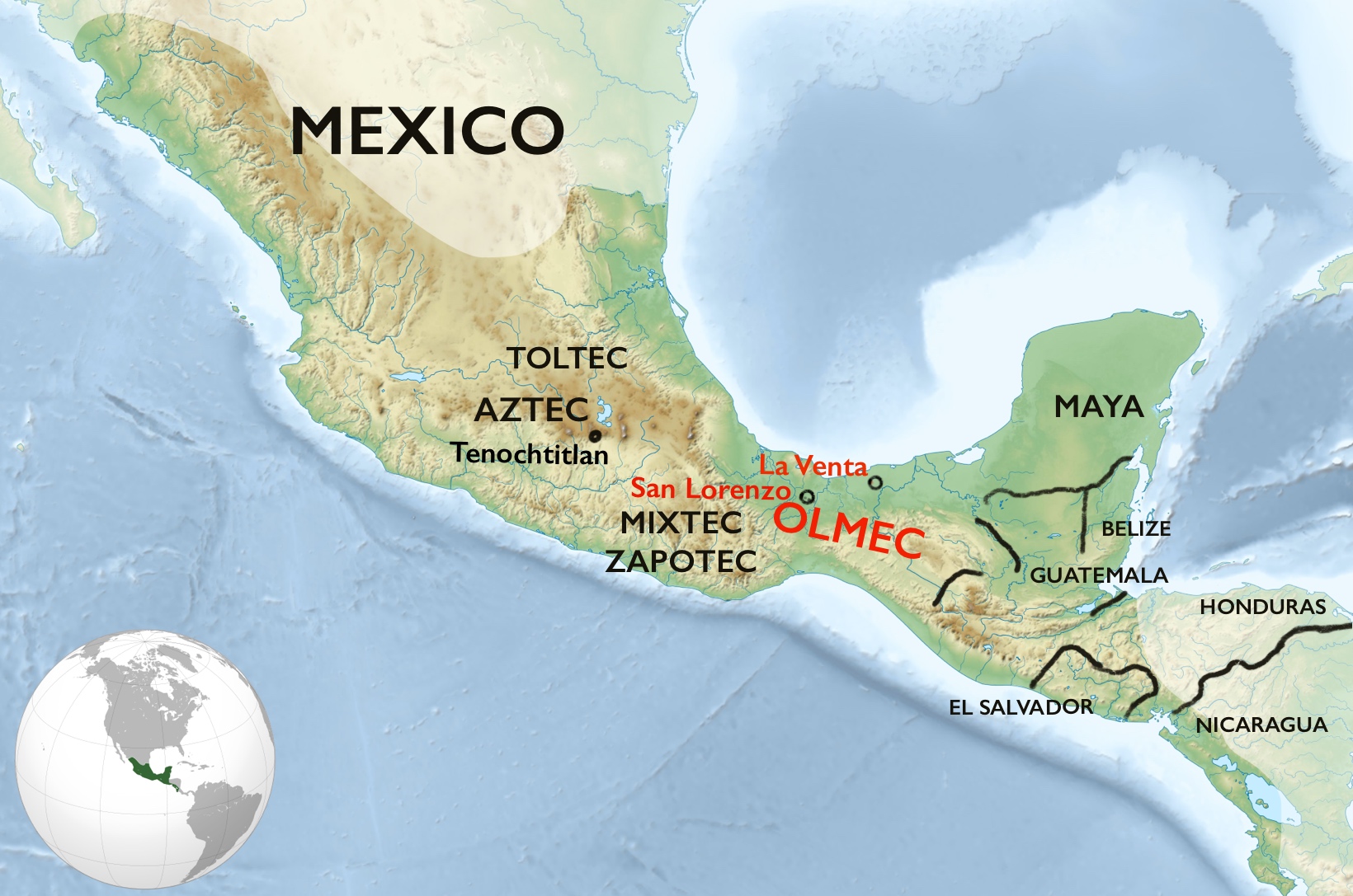 Map of Mesoamerica showing Olmec sites and selected other Mesoamerican cultures