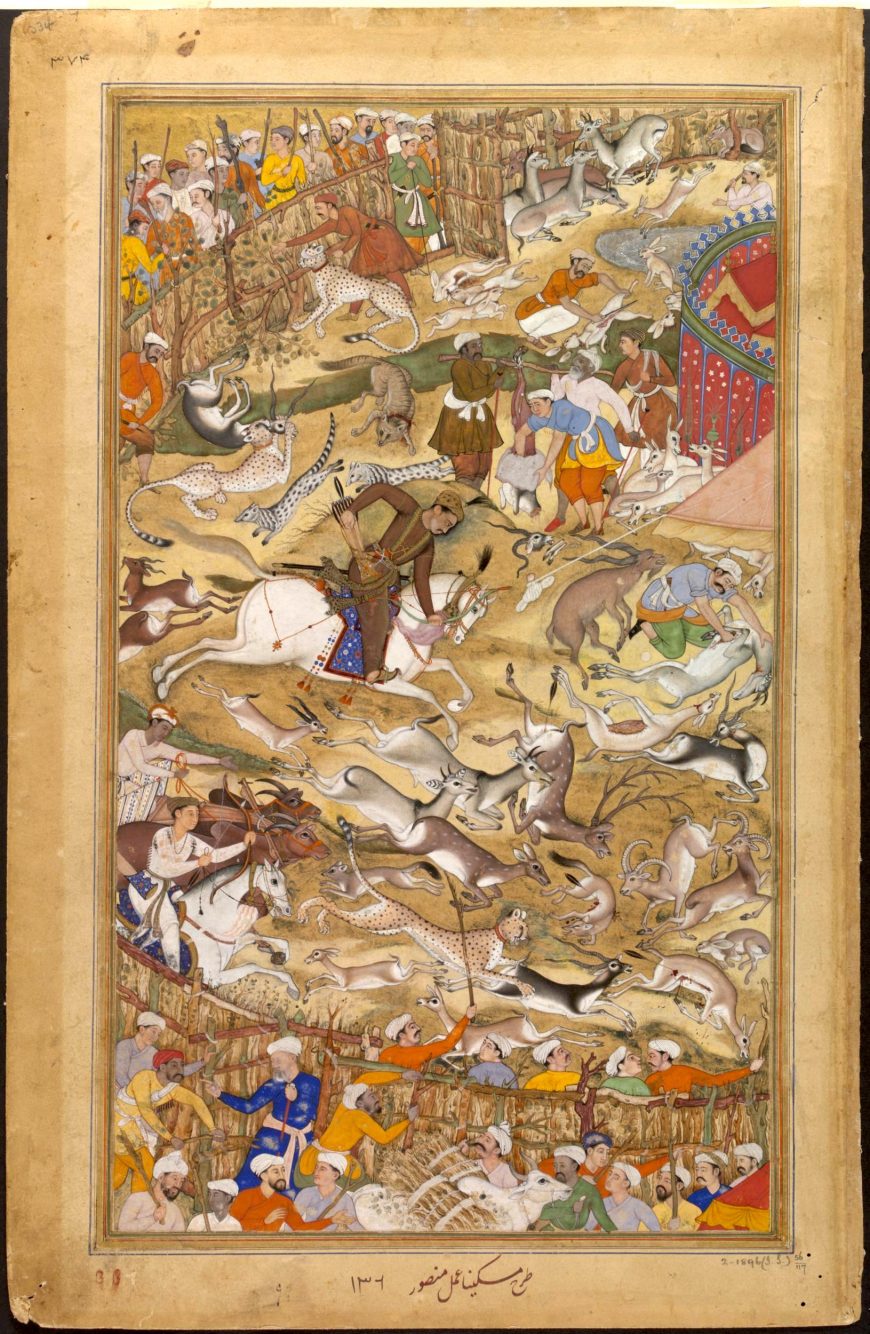 Akbar on horseback, hunting animals within an enclosure, illustration from the Akbarnama, c. 1590-95, Mughal Empire, India, opaque watercolor and gold on paper, 32.1 x 18.8 cm (Victoria and Albert Museum, London)