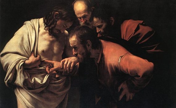 Caravaggio, The Incredulity of Saint Thomas, c. 1601-02, oil on canvas, 107 x 146 cm (Sanssouci Picture Gallery)
