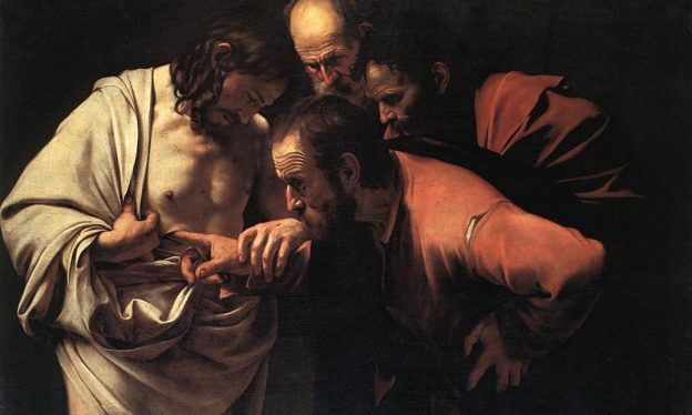 Caravaggio, The Incredulity of Saint Thomas, c. 1601-02, oil on canvas, 107 x 146 cm (Sanssouci Picture Gallery)