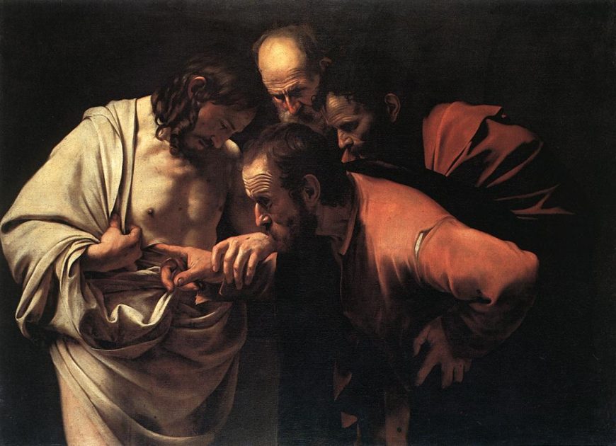 Caravaggio, <em>The Incredulity of Saint Thomas</em>, c. 1601–02, oil on canvas, 107 x 146 cm (Sanssouci Picture Gallery)