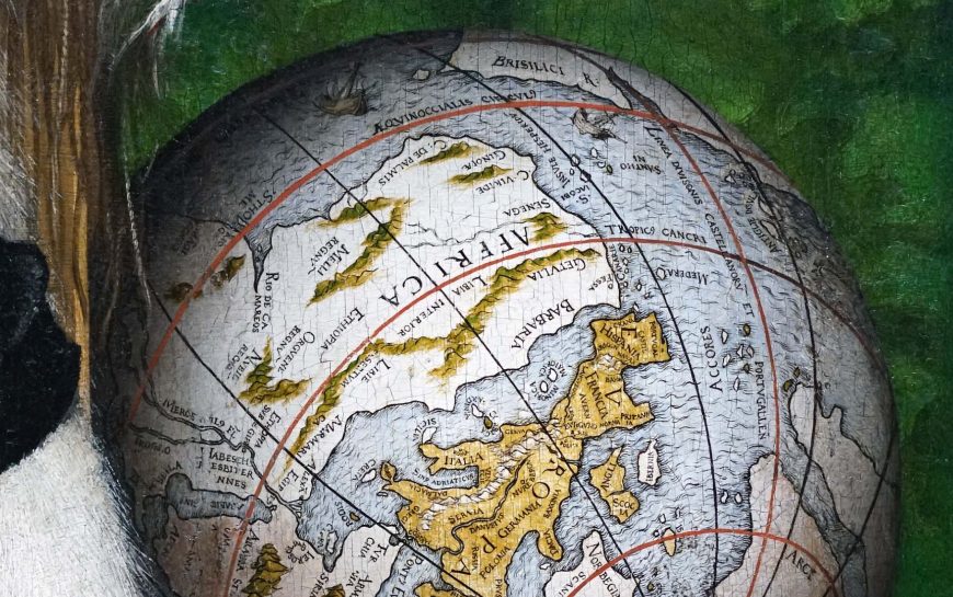 Globe (detail), Anamorphic skull seen at angle, Hans Holbein the Younger, The Ambassadors, 1533, oil on oak, 207 x 209.5 cm (The National Gallery, London, photo: Steven Zucker, CC BY-NC-SA 4.0)
