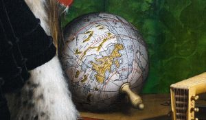 Globe (detail), Anamorphic skull seen at angle, Hans Holbein the Younger, The Ambassadors, 1533, oil on oak, 207 x 209.5 cm (The National Gallery, London, photo: Steven Zucker, CC BY-NC-SA 4.0)