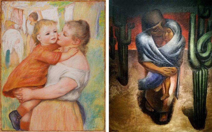 Left: Pierre-Auguste Renoir, Mother and Child, 1886, pastel, 79.1 x 63.5 cm (Cleveland Museum of Art); right: David Alfaro Siqueiros, Peasant Mother, c. 1924, oil on burlap, 249 x 180 cm (Museo de Arte Moderno, Mexico City) © David Alfaro Siqueiros