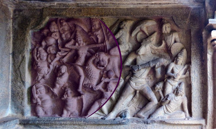 Diagram showing the forward thrust of Durga and her attendants as she slays the Buffalo Demon Mahishasura, bas-relief (north), Mahishasuramardini Mandapa, Mamallapuram, Tamil Nadu, India, c. 7th century, granite, approximately 2.4 x 4.6 m (photo: © Arathi Menon, all rights reserved)