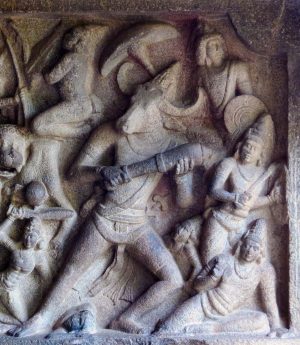 Bas-relief (north) showing the buffalo demon and his army (detail) in the Mahishasuramardini Mandapa, Mamallapuram, Tamil Nadu, India, c. 7th century, granite (photo: © Arathi Menon, all rights reserved)