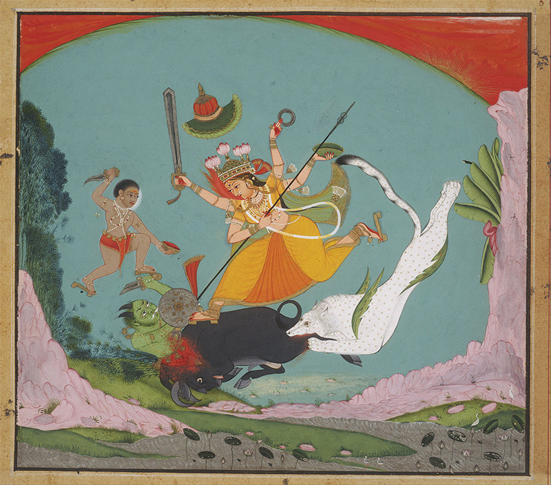 The Great Goddess Durga (Mahishasuramardini) Slaying the Buffalo Demon, Kota (Rajasthan, India), watercolor and metallic paint on paper, c. 1750, image 9 7/8 × 11 inches; sheet: 10 11/16 × 12 3/8 inches (Philadelphia Museum of Art)