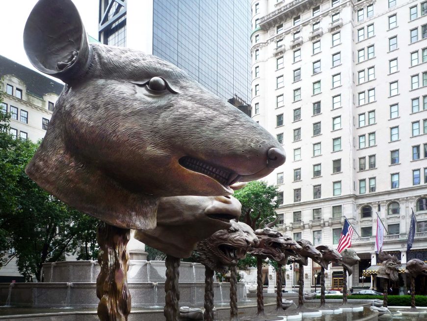 Ai Weiwei, Circle of Animals, Zodiac Heads, 2010, bronze, installation, New York City's Pulitzer Fountain, on view May 2-July 15, 2011 (image: Steven Zucker)