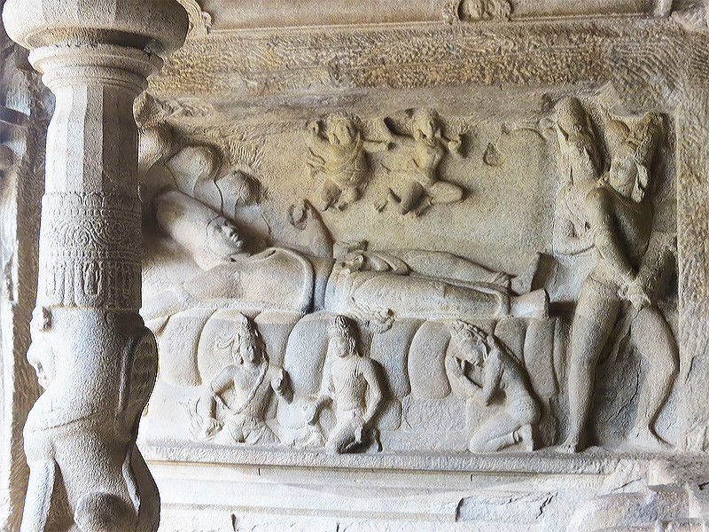 Bas-relief (south) in the Mahishasuramardini Mandapa, Mamallapuram, Tamil Nadu, India, c. 7th century, granite, approx. 96 x 180 inches (photo: Arathi Menon, )