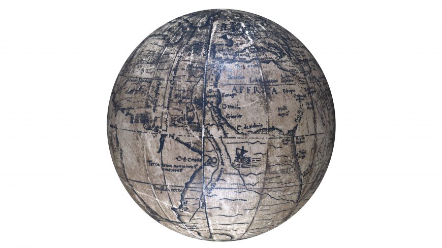 19th-century facsimile of a 16th-century globe of the type depicted in Holbein's The Ambassadors. 1 globe: 12 woodcut paper gores mounted on solid wooden sphere; 54 cm. in diam. (Beinecke Library, Yale)