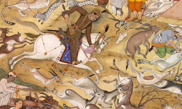 Thumbnail, Akbar on horseback, hunting animals within an enclosure, illustration from the Akbarnama, c. 1590-95, Mughal Empire, India, opaque watercolor and gold on paper, 32.1 x 18.8 cm (Victoria and Albert Museum, London)