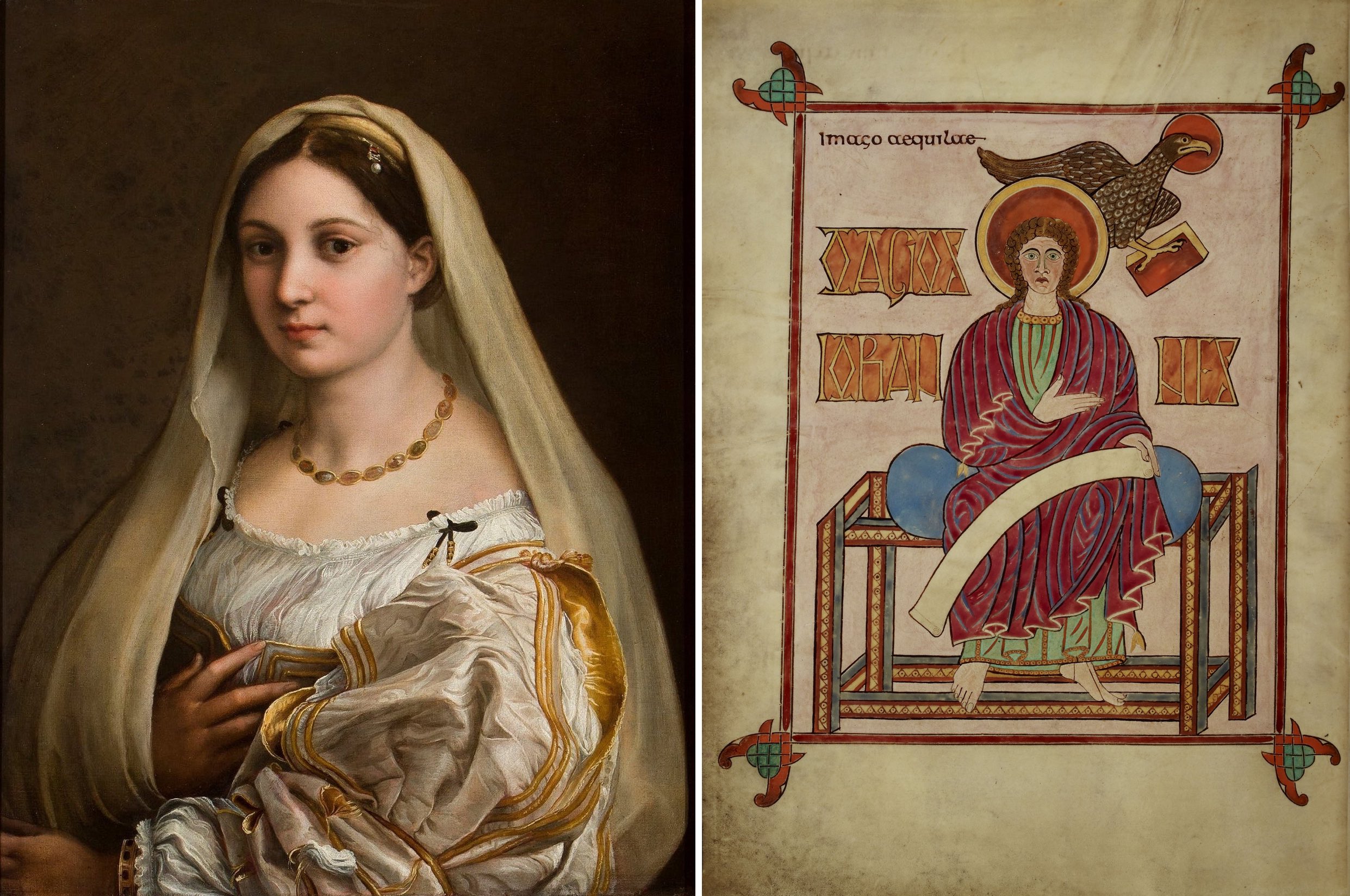 Left: Raphael, La Donna velata, 1514-15, oil on canvas, 82 x 60.5 cm (Palazzi Pitti, Florence); right: St John the Evangelist in the Lindisfarne Gospels (London, British Library, MS Cotton Nero D IV, f. 209v).